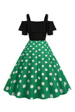 Black Cold Shoulder Polka Dots 1950s Dress