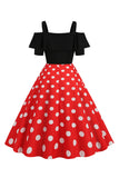 Black Cold Shoulder Polka Dots 1950s Dress