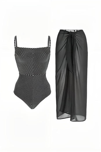 Black Stripe High Waist One Piece Swimsuit with Beach Skirt