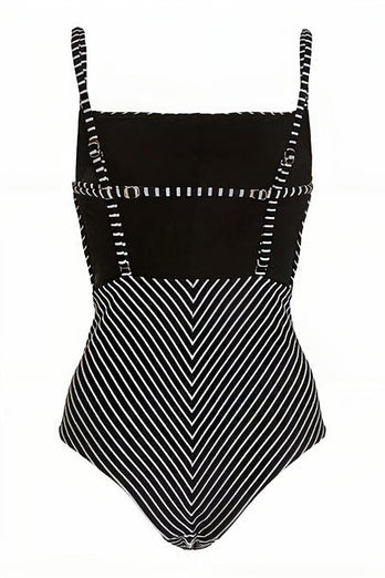 Black Stripe High Waist One Piece Swimsuit with Beach Skirt