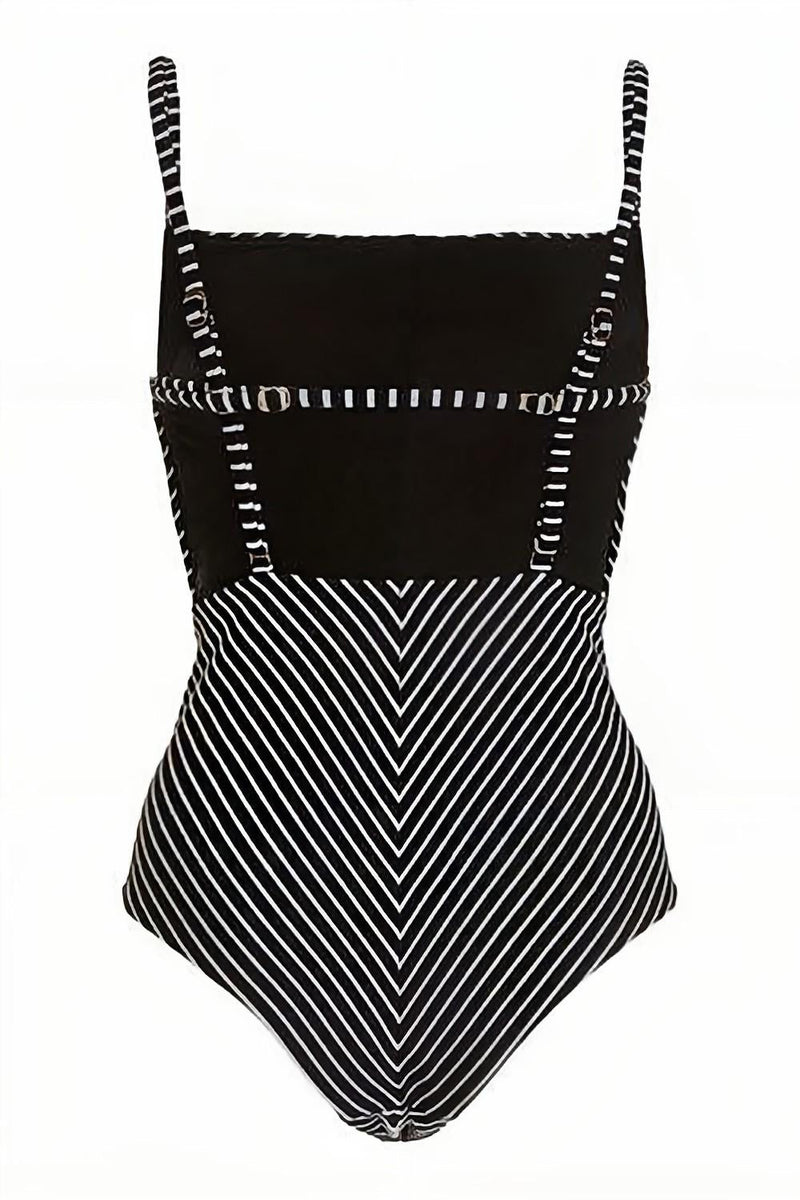 Load image into Gallery viewer, Black Stripe High Waist One Piece Swimsuit with Beach Skirt