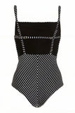 Black Stripe High Waist One Piece Swimsuit with Beach Skirt