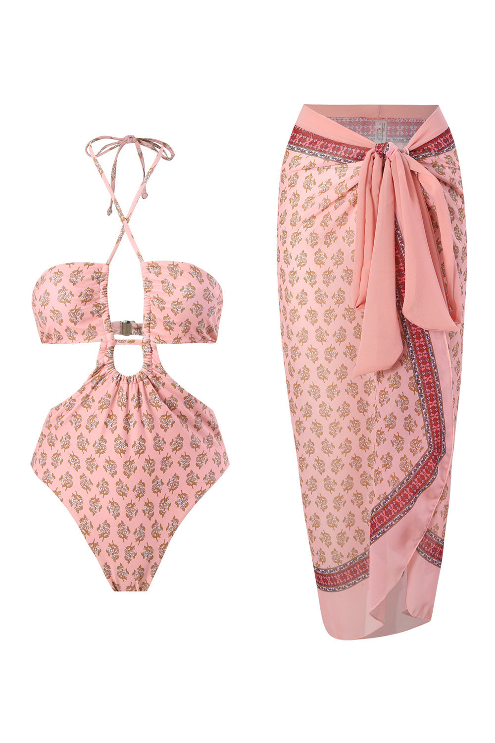 Halter Neck One Piece Pink Swimwear with Beach Skirt