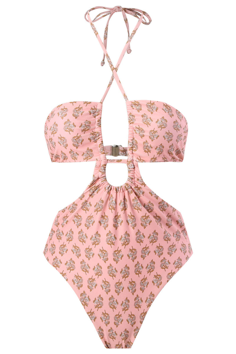Load image into Gallery viewer, Halter Neck One Piece Pink Swimwear with Beach Skirt