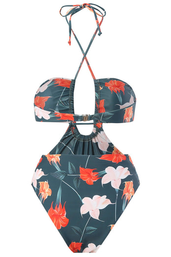 Halter Neck Keyhole One Piece Bikini with Beach Skirt