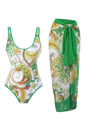 One Piece Green Printed High Waist Swimwear with Beach Skirt