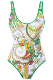 One Piece Green Printed High Waist Swimwear with Beach Skirt