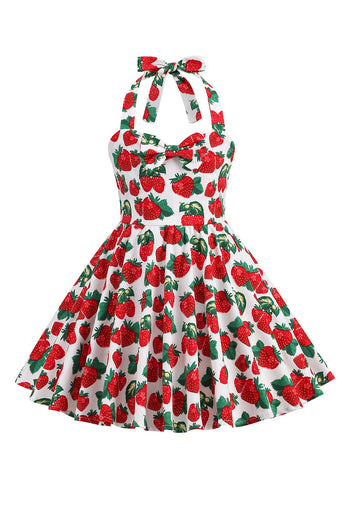 Halter Printed White Girls Dress with Bow