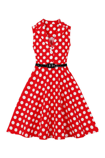 V-Neck Red Vintage Polka Dot 50's Girls Dress with Belt