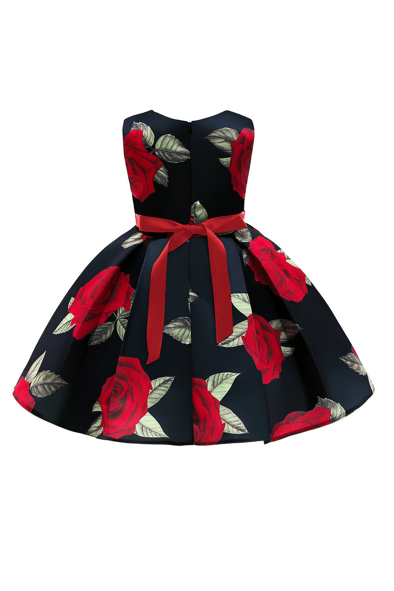 Load image into Gallery viewer, Boat Neck Flower Printed Black Girls Dress with Bow