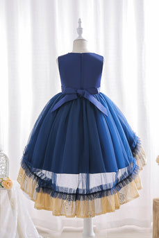 High Low Royal Blue Tulle Girls Dress With Pearls