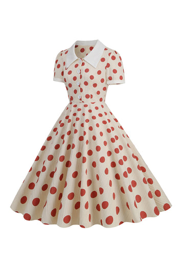 Red Polka Dots Vintage Dress With Short Sleeves