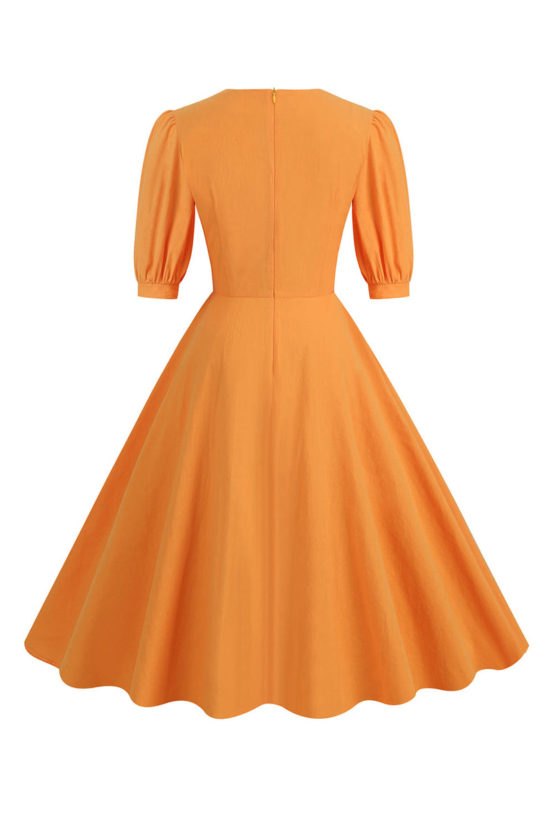 Load image into Gallery viewer, Orange Half Sleeves Square Neck 1950s Dress