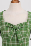 Green Plaid Short Sleeves 1950s Dress With Bowknot