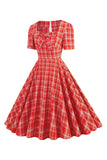 Green Plaid Short Sleeves 1950s Dress With Bowknot