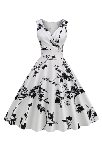 Black V Neck Print Sleeveless 1950s Dress