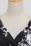 Black V Neck Print Sleeveless 1950s Dress