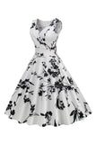 Black V Neck Print Sleeveless 1950s Dress