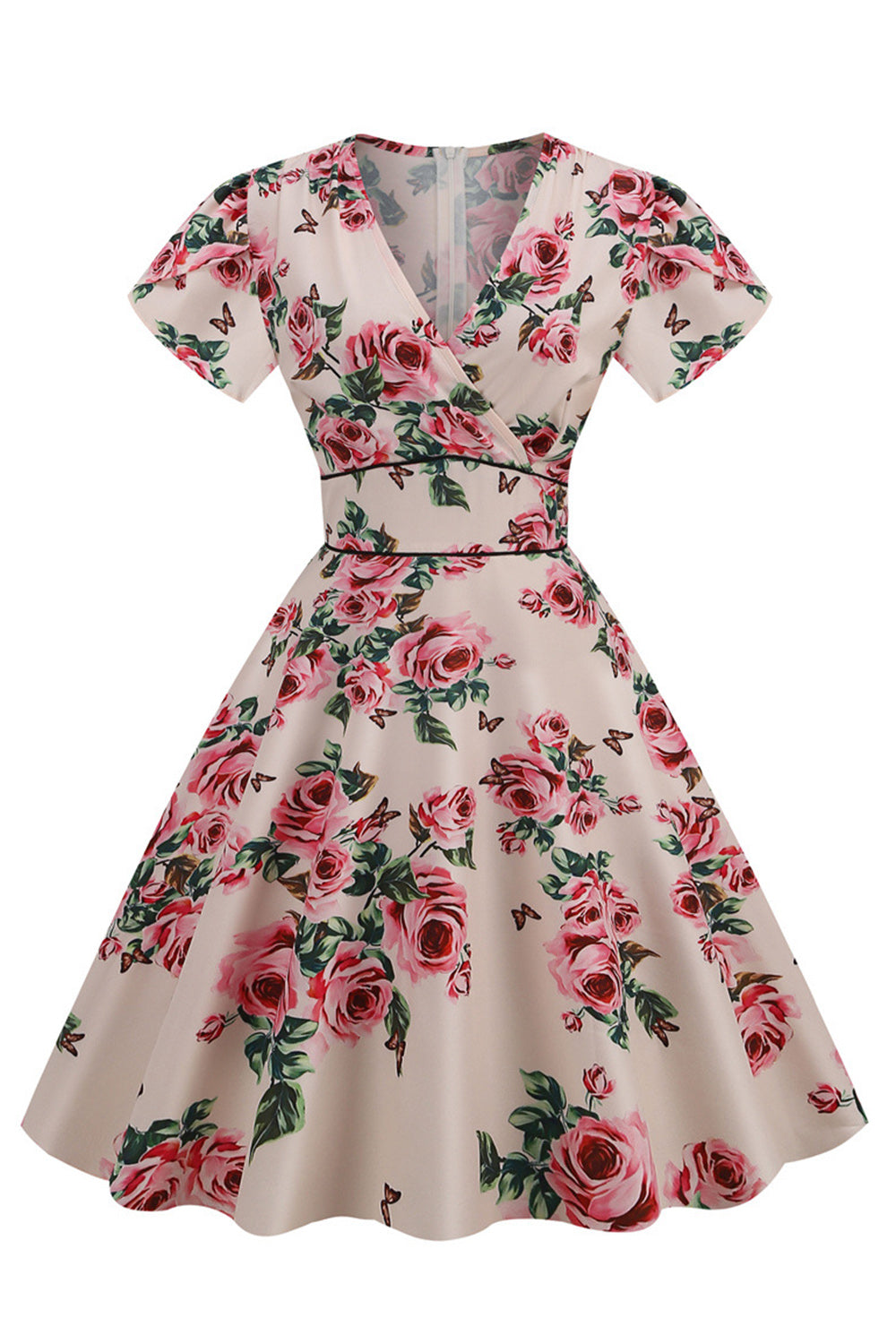 Pink V Neck Flower Print Swing Vintage Dress
