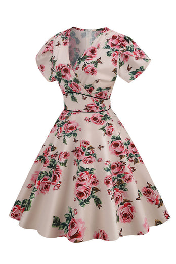 Pink V Neck Flower Print Swing Vintage Dress