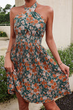 Halter Neck Green Flower Print Summer Dress