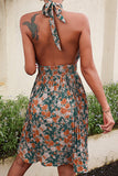 Halter Neck Green Flower Print Summer Dress