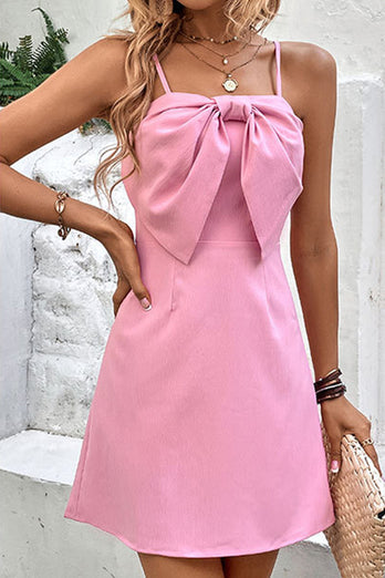 Spaghetti Straps Pink Summer Dress With Bow