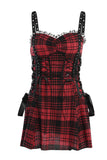 Spaghetti Straps Plaid Red Vintage Dress with Lace