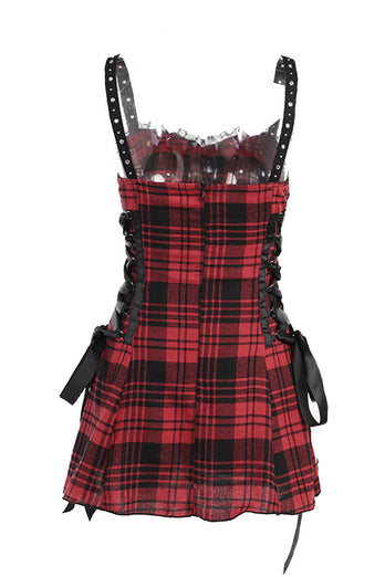 Spaghetti Straps Plaid Red Vintage Dress with Lace
