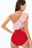 One Shoulder Stripe Red Swimwear with Ruffles