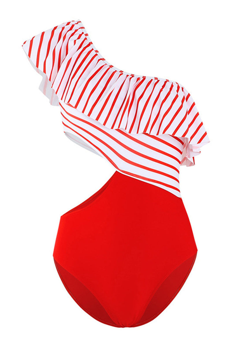 Load image into Gallery viewer, One Shoulder Stripe Red Swimwear with Ruffles