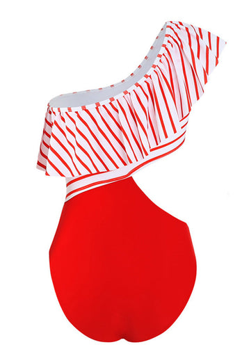 One Shoulder Stripe Red Swimwear with Ruffles