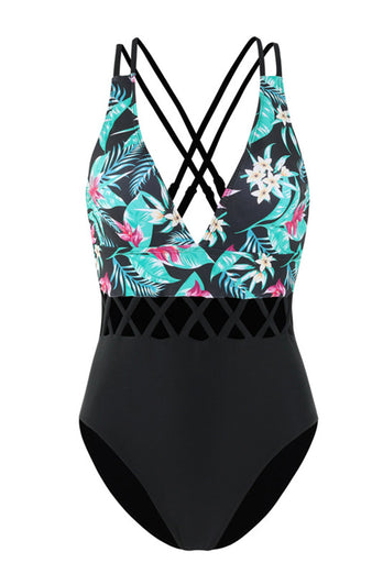 Printed V-Neck Cut Out One Piece Black Swimwear