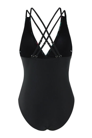 Printed V-Neck Cut Out One Piece Black Swimwear