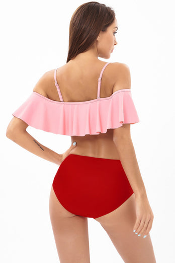 Spaghetti Straps Two Pieces Pink Swimwear with Ruffles
