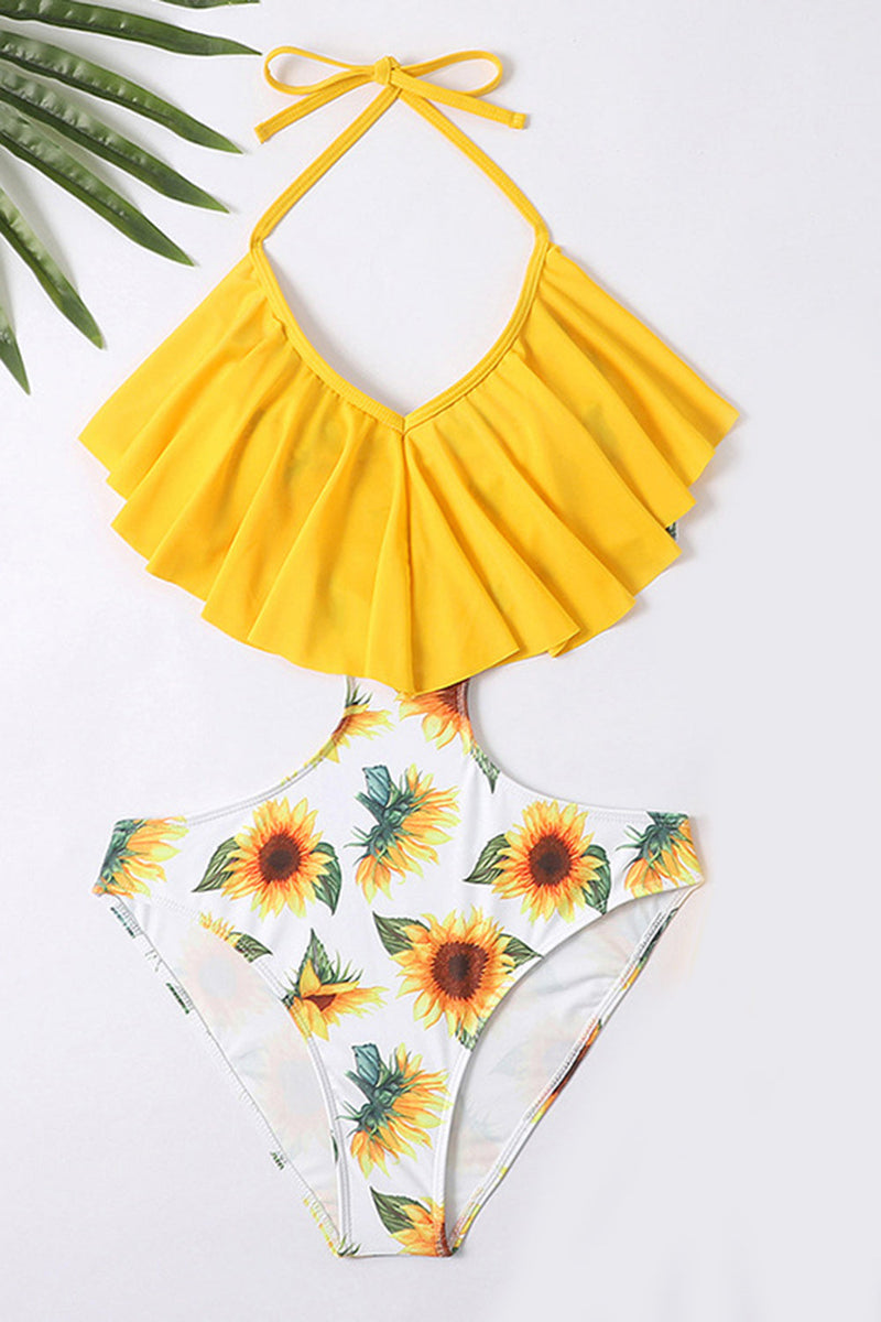Load image into Gallery viewer, Halter One Piece Printed Yellow Swimwear with Ruffles