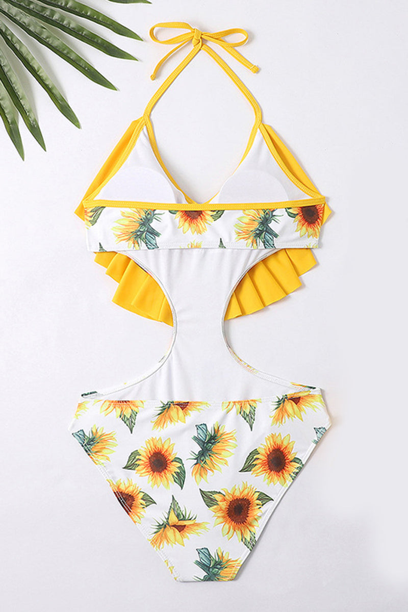Load image into Gallery viewer, Halter One Piece Printed Yellow Swimwear with Ruffles