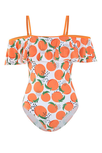 Cold Shoulder Printed High Waist Orange Swimwear