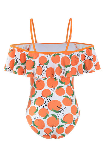 Cold Shoulder Printed High Waist Orange Swimwear