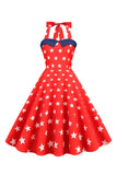 Red Stars Printed Halter 1950s Dress