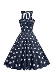 Red Stars Printed Halter 1950s Dress