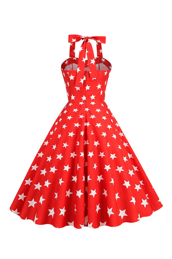 Red Stars Printed Halter 1950s Dress