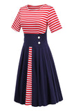 Red Stripes Short Sleeve 1950s Dress