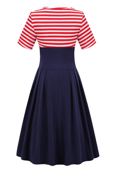 Red Stripes Short Sleeve 1950s Dress