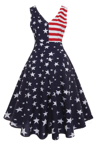 Navy V-Neck Stars Stripes Printed 1950s Dress