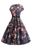 Black Cap Sleeves American Flag Printed Vintage Dress