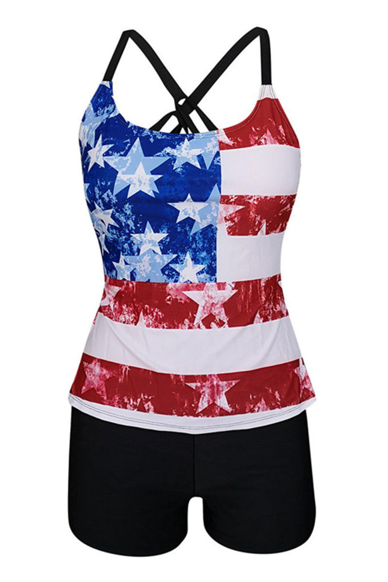 Load image into Gallery viewer, Black American Flag Printed Adjustable Strap Tankini With Shorts
