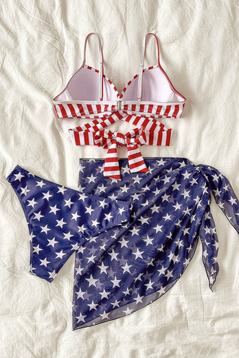 Blue Two Piece Stars Stripes Printed Wrap Front Swimsuit With Cover-up Dress