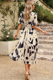 Black V Neck Printed Half Sleeves Summer Dress