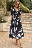 Black V Neck Printed Half Sleeves Summer Dress